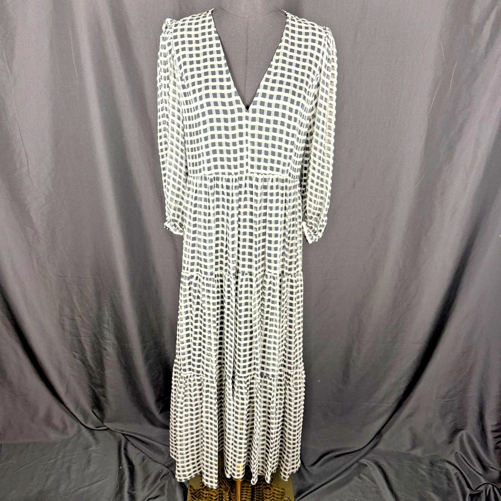 Joie Tobey Sz XXS Boho Black Cream 100% Silk Check Maxi Dress Oversized Sold Out